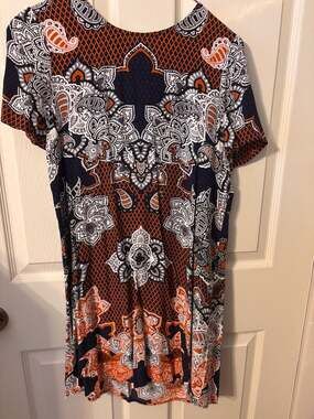 Express Women's Navy and Burnt Orange Paisley Print Short Sleeve Shift Dress